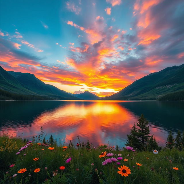 A professionally edited image showcasing a serene landscape featuring a tranquil lake surrounded by lush green mountains under a vibrant sunset sky