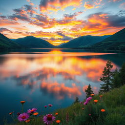 A professionally edited image showcasing a serene landscape featuring a tranquil lake surrounded by lush green mountains under a vibrant sunset sky