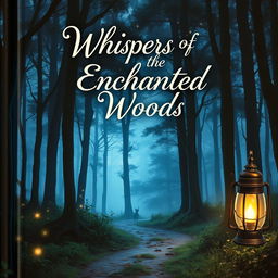 A captivating book cover showcasing a mysterious forest landscape at twilight, with tall, ethereal trees shrouded in mist