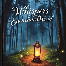 A captivating book cover showcasing a mysterious forest landscape at twilight, with tall, ethereal trees shrouded in mist