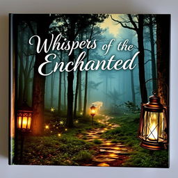 A captivating book cover showcasing a mysterious forest landscape at twilight, with tall, ethereal trees shrouded in mist
