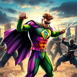 A dynamic scene depicting a superhero in a vibrant suit featuring an eye-catching diamond emblem in the middle of his chest