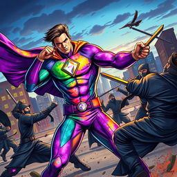 A dynamic scene depicting a superhero in a vibrant suit featuring an eye-catching diamond emblem in the middle of his chest