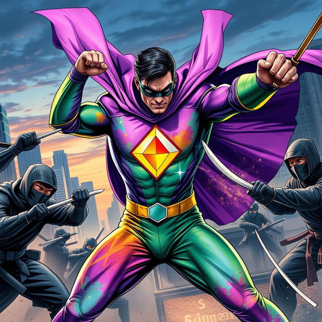 A dynamic scene depicting a superhero in a vibrant suit featuring an eye-catching diamond emblem in the middle of his chest