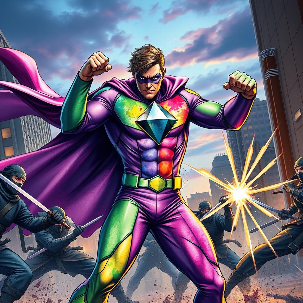 A dynamic scene depicting a superhero in a vibrant suit featuring an eye-catching diamond emblem in the middle of his chest