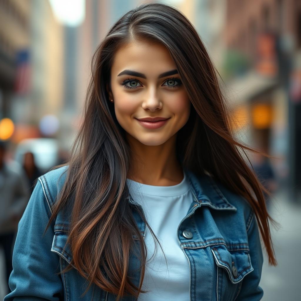 A realistic portrait of a young woman with long flowing dark hair and vibrant green eyes, wearing a stylish denim jacket over a white t-shirt