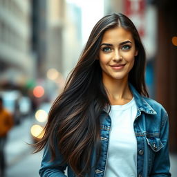 A realistic portrait of a young woman with long flowing dark hair and vibrant green eyes, wearing a stylish denim jacket over a white t-shirt