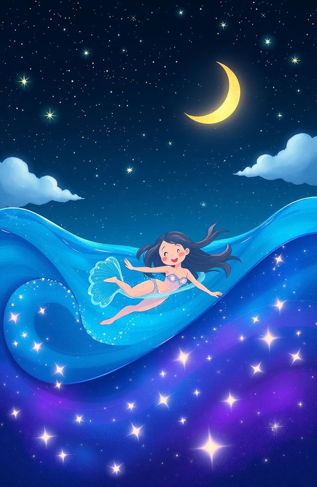 A whimsical scene of a person swimming in a starry ocean, surrounded by vibrant blue and purple waves illuminated by sparkling stars