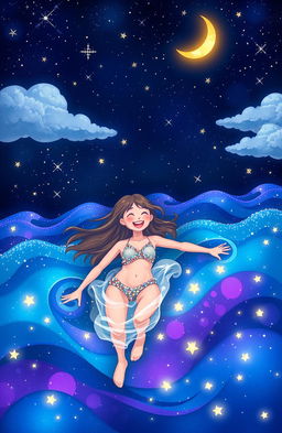 A whimsical scene of a person swimming in a starry ocean, surrounded by vibrant blue and purple waves illuminated by sparkling stars