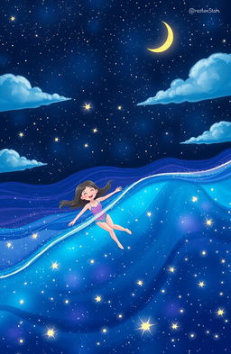 A whimsical scene of a person swimming in a starry ocean, surrounded by vibrant blue and purple waves illuminated by sparkling stars