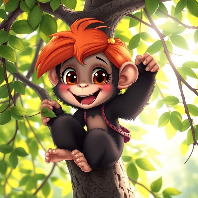 A cute, anthropomorphic red-haired girl chimpanzee climbing a tree, with a joyful expression and dynamic pose, surrounded by lush green leaves and branches