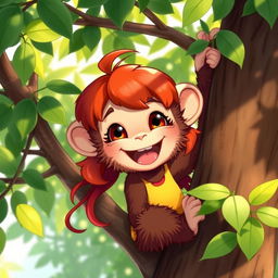 A cute, anthropomorphic red-haired girl chimpanzee climbing a tree, with a joyful expression and dynamic pose, surrounded by lush green leaves and branches