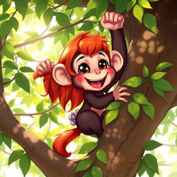 A cute, anthropomorphic red-haired girl chimpanzee climbing a tree, with a joyful expression and dynamic pose, surrounded by lush green leaves and branches