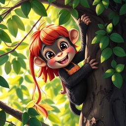 A cute, anthropomorphic red-haired girl chimpanzee climbing a tree, with a joyful expression and dynamic pose, surrounded by lush green leaves and branches