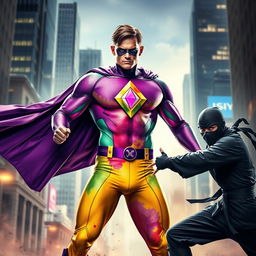 A superhero clad in a vibrant suit featuring a striking diamond emblem in the center of his chest