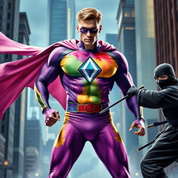 A superhero clad in a vibrant suit featuring a striking diamond emblem in the center of his chest