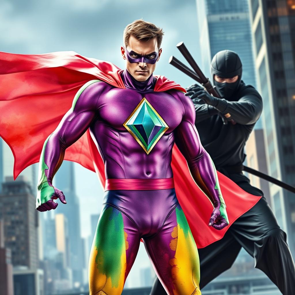 A superhero clad in a vibrant suit featuring a striking diamond emblem in the center of his chest