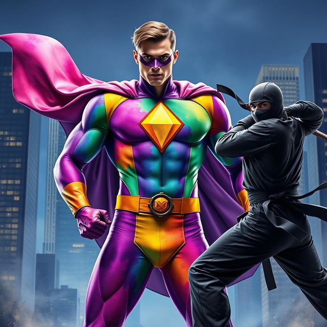 A superhero clad in a vibrant suit featuring a striking diamond emblem in the center of his chest