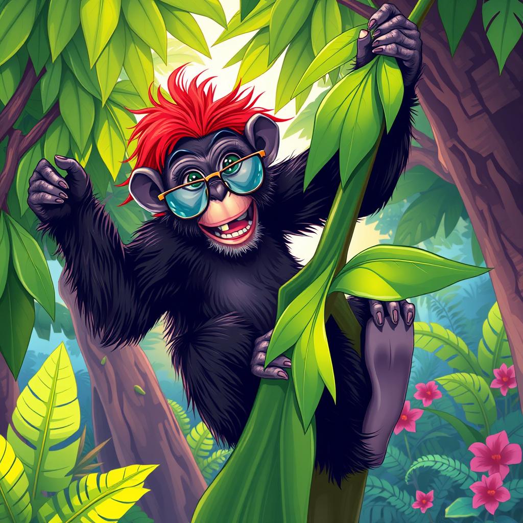 A female chimpanzee with striking red hair, wearing stylish glasses, energetically climbing a lush green tree