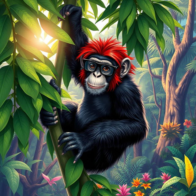 A female chimpanzee with striking red hair, wearing stylish glasses, energetically climbing a lush green tree