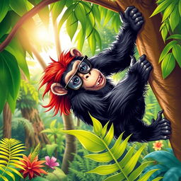 A female chimpanzee with striking red hair, wearing stylish glasses, energetically climbing a lush green tree