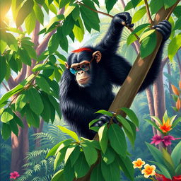 A female chimpanzee with striking red hair, wearing stylish glasses, energetically climbing a lush green tree