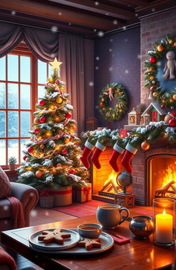 A magical Christmas scene depicting a cozy living room adorned with festive decorations