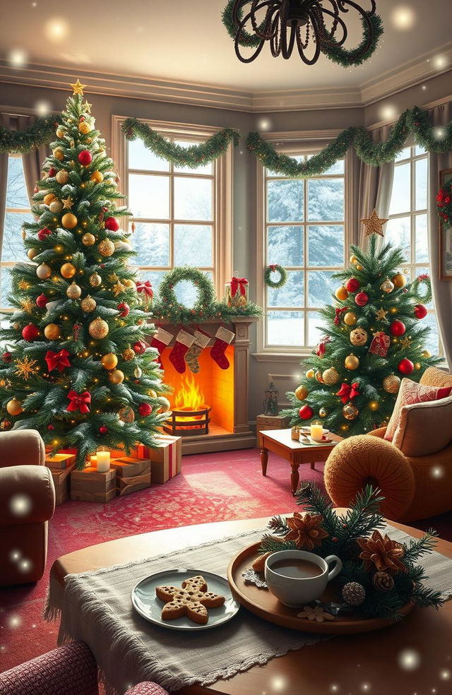 A magical Christmas scene depicting a cozy living room adorned with festive decorations