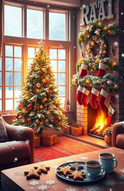 A magical Christmas scene depicting a cozy living room adorned with festive decorations
