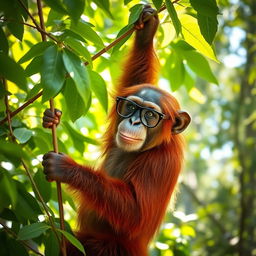 A female chimpanzee climbing a lush green tree, with vibrant red fur, wearing stylish glasses perched on her nose