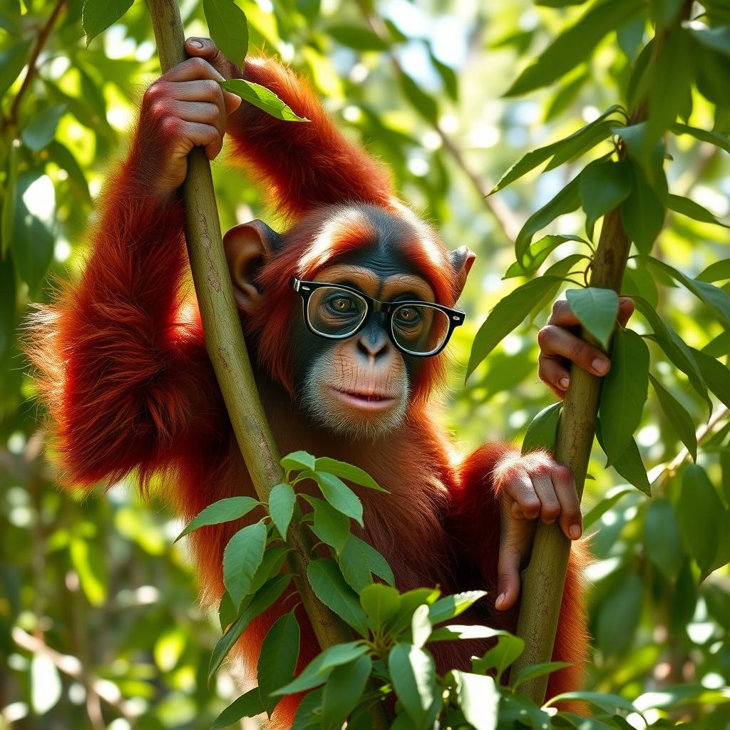 A female chimpanzee climbing a lush green tree, with vibrant red fur, wearing stylish glasses perched on her nose