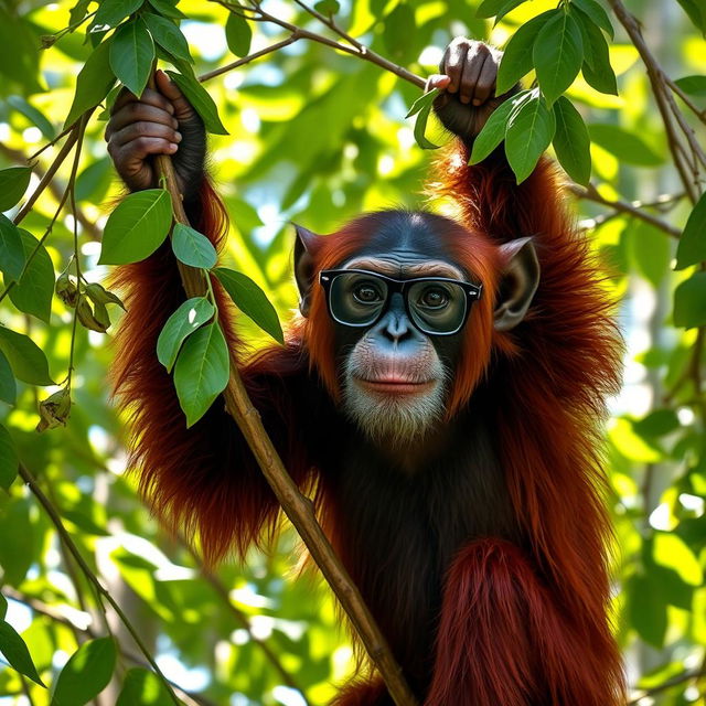 A female chimpanzee climbing a lush green tree, with vibrant red fur, wearing stylish glasses perched on her nose