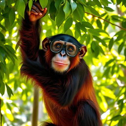 A female chimpanzee climbing a lush green tree, with vibrant red fur, wearing stylish glasses perched on her nose