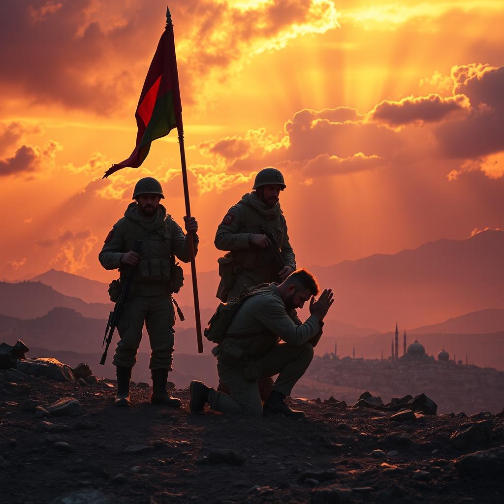 A powerful and evocative scene depicting the resilience and bravery of martyrs and warriors