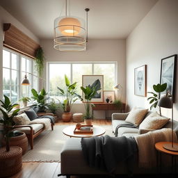 A beautifully decorated interior in a modern Scandinavian design, showcasing elegant lighting, natural textures, and neutral color tones