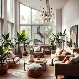 A beautifully decorated interior in a modern Scandinavian design, showcasing elegant lighting, natural textures, and neutral color tones