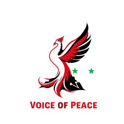 Logo design for a team called 'Voice of Peace' symbolizing peace, renewal, and unity in Syria, featuring a Phoenix rising from its ashes as the central element