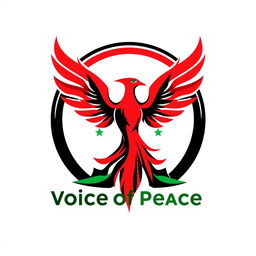 Logo design for a team called 'Voice of Peace' symbolizing peace, renewal, and unity in Syria, featuring a Phoenix rising from its ashes as the central element
