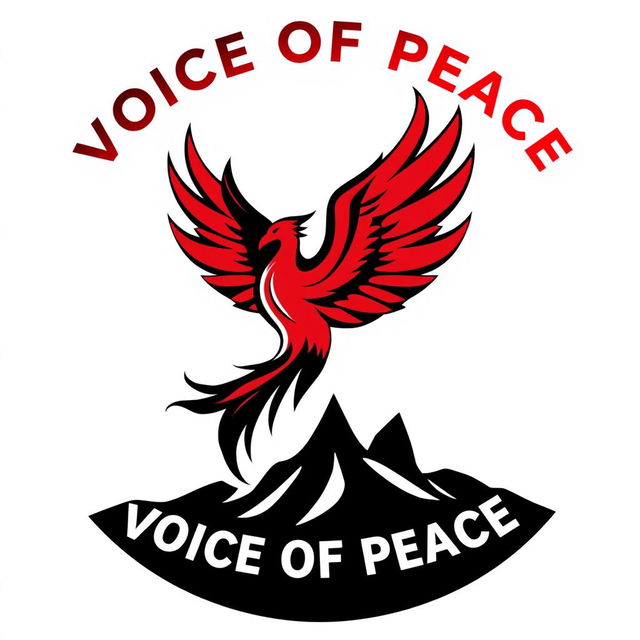 Logo design for a team called 'Voice of Peace' symbolizing peace, renewal, and unity in Syria, featuring a Phoenix rising from its ashes as the central element