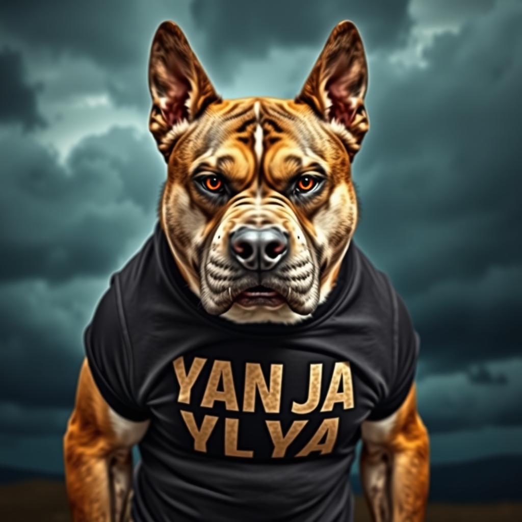 A fierce-looking dog wearing a t-shirt that says 'Танюша шлюша' in bold letters, displaying an intimidating posture and an expressive face