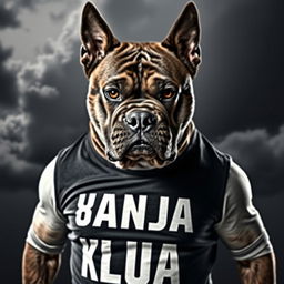 A fierce-looking dog wearing a t-shirt that says 'Танюша шлюша' in bold letters, displaying an intimidating posture and an expressive face