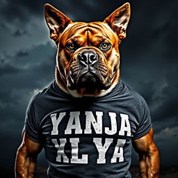 A fierce-looking dog wearing a t-shirt that says 'Танюша шлюша' in bold letters, displaying an intimidating posture and an expressive face