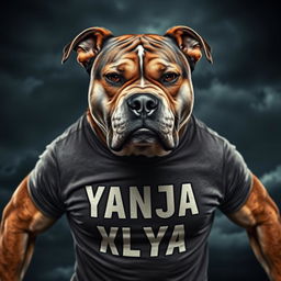 A fierce-looking dog wearing a t-shirt that says 'Танюша шлюша' in bold letters, displaying an intimidating posture and an expressive face