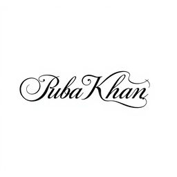 A unique and intricate name signature design for 'Ruba Khan', featuring an elegant flourish font that emphasizes creativity and uniqueness
