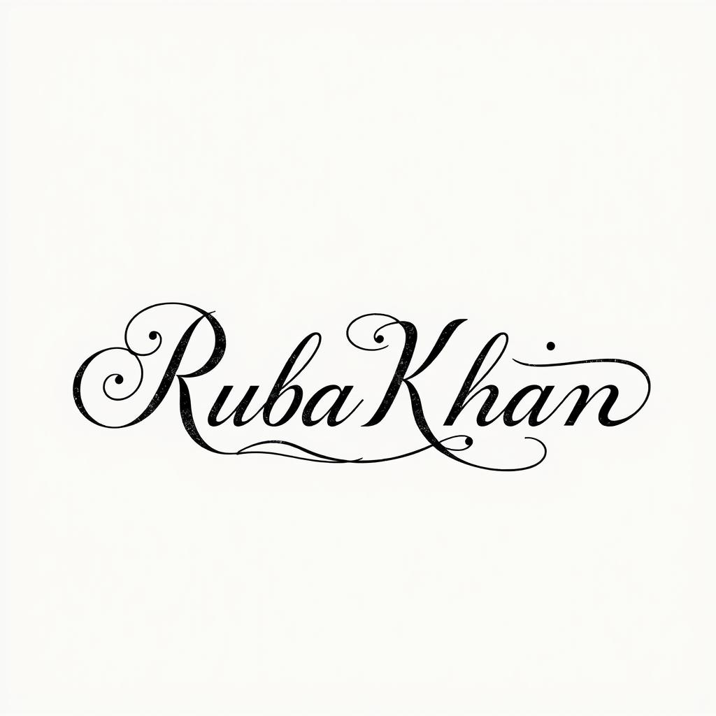 A unique and intricate name signature design for 'Ruba Khan', featuring an elegant flourish font that emphasizes creativity and uniqueness