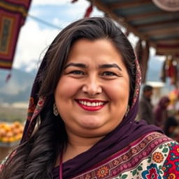 A portrait of an Afghan woman with a cheerful expression, showcasing her fuller figure