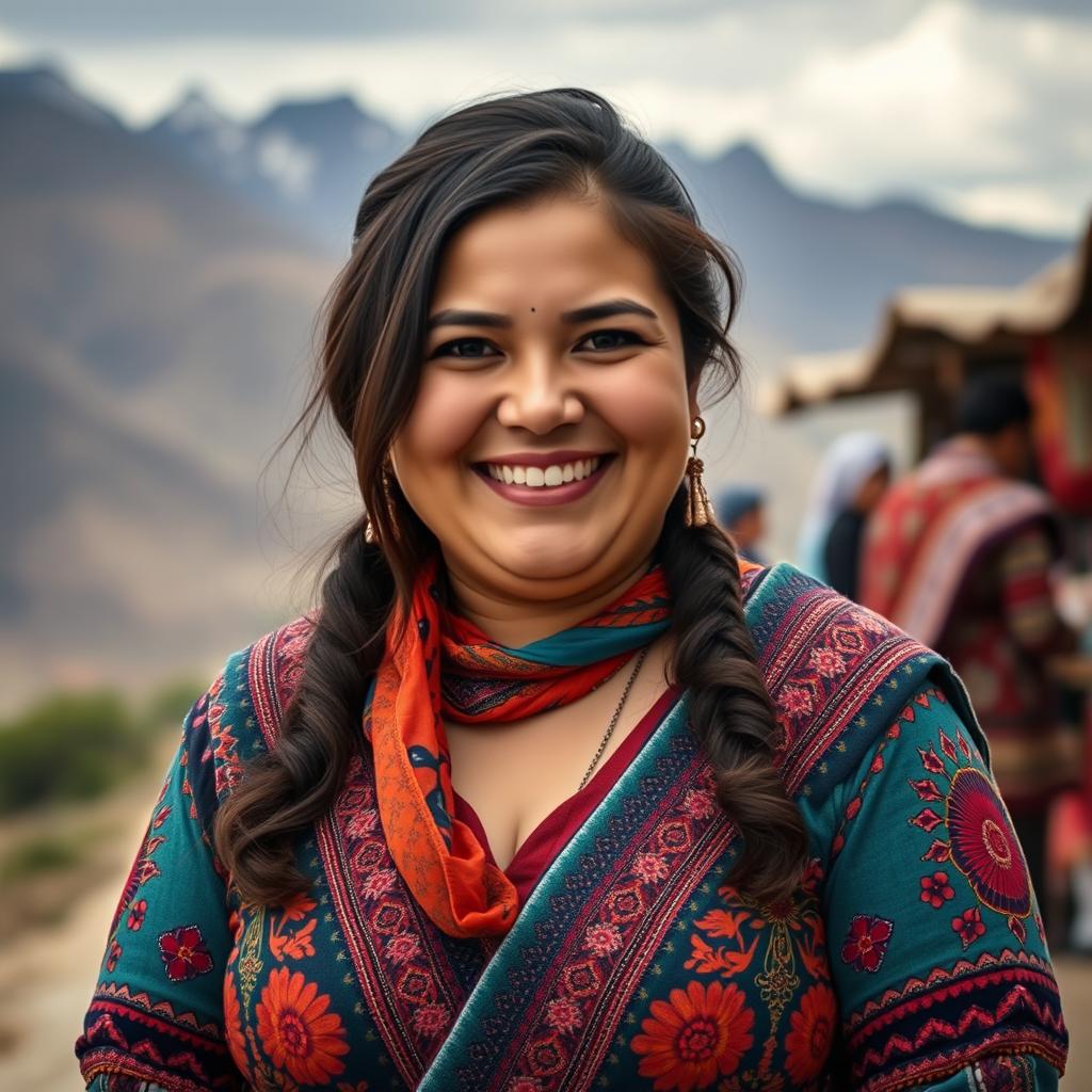 A portrait of an Afghan woman with a cheerful expression, showcasing her fuller figure