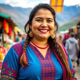 A portrait of an Afghan woman with a cheerful expression, showcasing her fuller figure