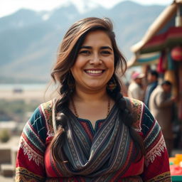 A portrait of an Afghan woman with a cheerful expression, showcasing her fuller figure