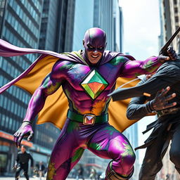 A dynamic scene featuring a superhero wearing a vibrant suit adorned with purple, green, yellow, and watercolor patterns
